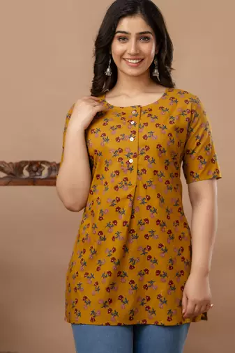 Floral printed  cotton yellow jaipuri tunic