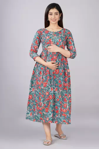 Floral printed blue pure cotton flared maternity maxi dress