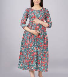 Floral printed blue pure cotton flared maternity maxi dress