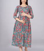Floral printed blue pure cotton flared maternity maxi dress