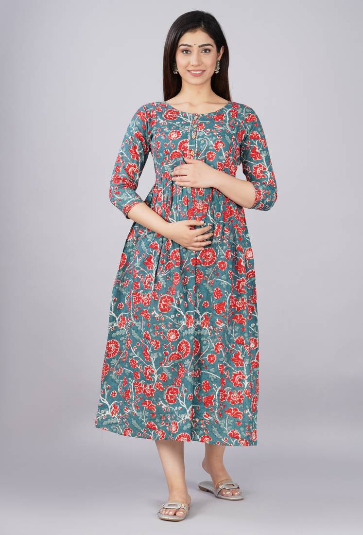Floral printed blue pure cotton flared maternity maxi dress