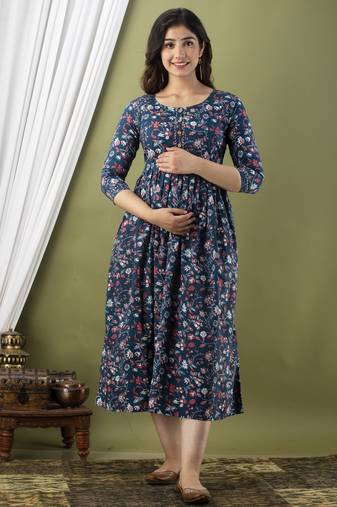 Floral printed blue pure cotton flared maternity maxi dress