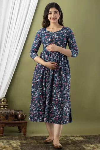 Floral printed blue pure cotton flared maternity maxi dress