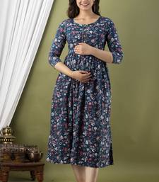 Floral printed blue pure cotton flared maternity maxi dress