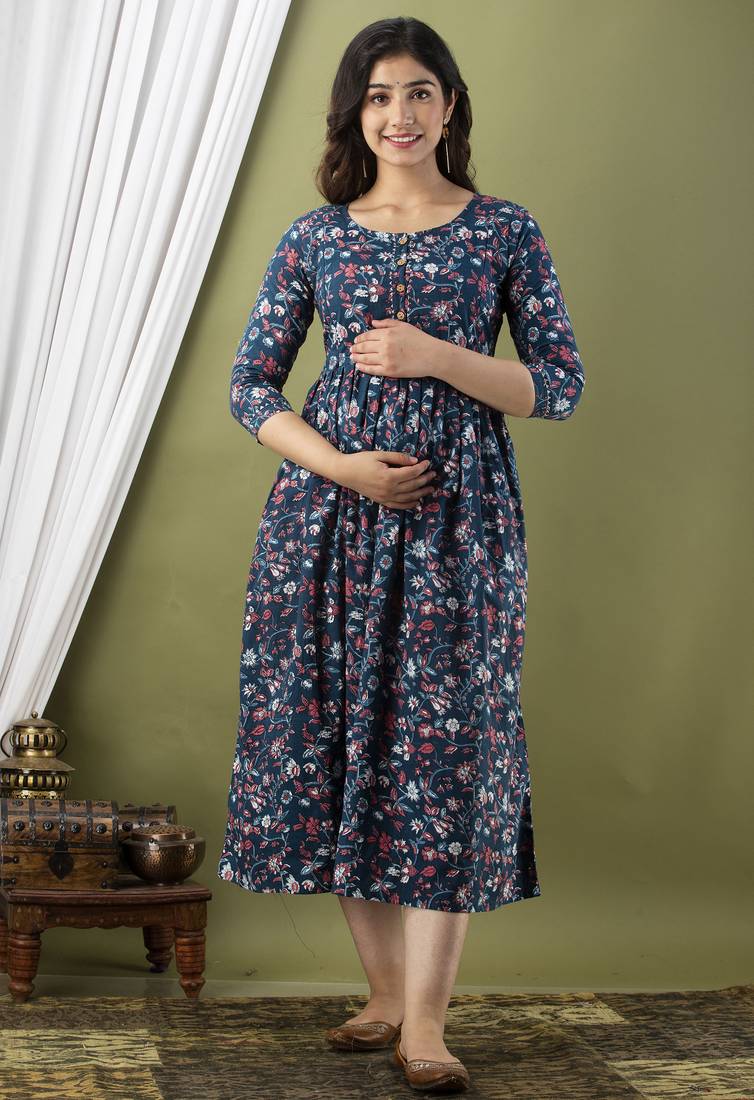 Floral printed blue pure cotton flared maternity maxi dress