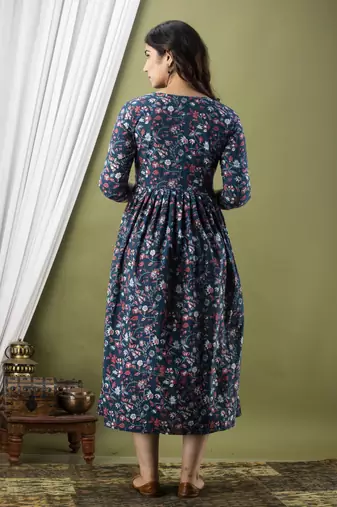 Floral printed blue  cotton flared maternity maxi dress