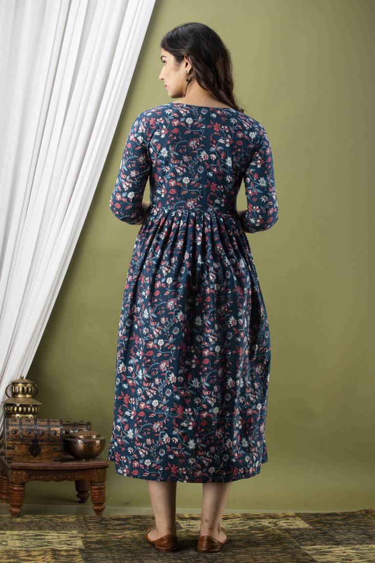 Floral printed blue pure cotton flared maternity maxi dress
