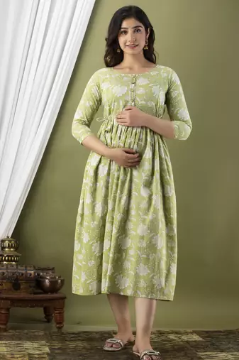 Floral printed green pure cotton flared maternity maxi dress