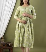 Floral printed green pure cotton flared maternity maxi dress