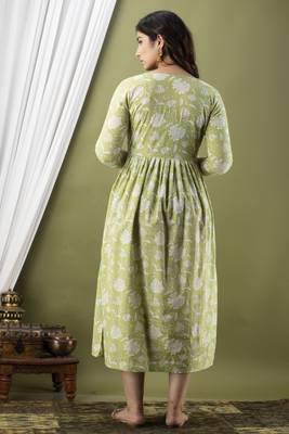 Floral printed green cotton flared maternity maxi dress 2
