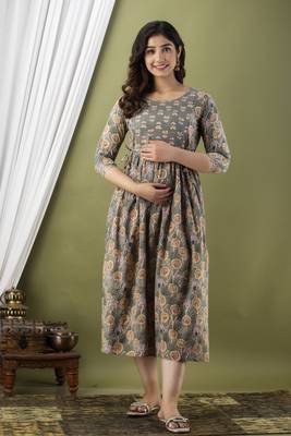 Floral printed grey cotton flared maternity maxi dress 1