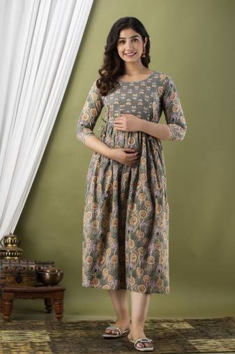 Floral printed grey pure cotton flared maternity maxi dress