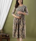 Floral printed grey pure cotton flared maternity maxi dress