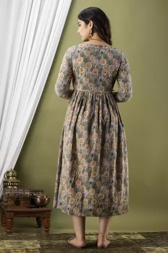 Floral printed grey  cotton flared maternity maxi dress