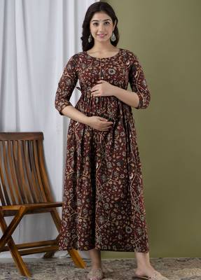 Floral printed brown cotton flared maternity maxi dress 1