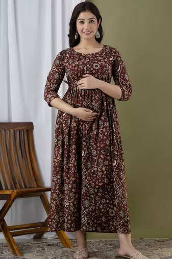 Floral printed brown pure cotton flared maternity maxi dress