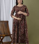 Floral printed brown pure cotton flared maternity maxi dress