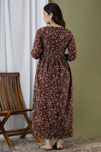 Floral printed brown  cotton flared maternity maxi dress