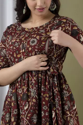 Floral printed brown  cotton flared maternity maxi dress