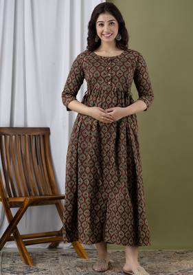 Floral printed brown  cotton flared maternity maxi dress 1
