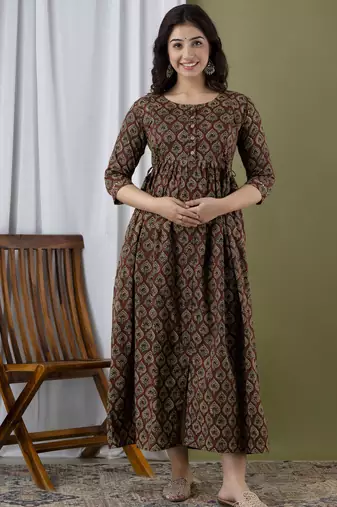 Floral printed brown pure cotton flared maternity maxi dress