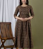 Floral printed brown pure cotton flared maternity maxi dress