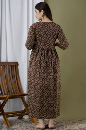Floral printed brown  cotton flared maternity maxi dress