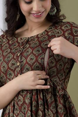 Floral printed brown  cotton flared maternity maxi dress 3
