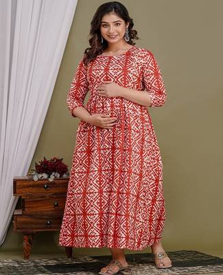 Floral printed red cotton flared maternity maxi dress 1