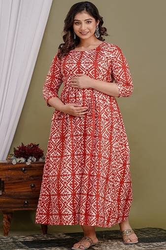 Floral printed red pure cotton flared maternity maxi dress