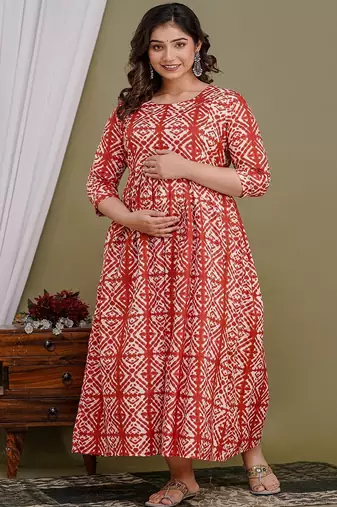 Floral printed red pure cotton flared maternity maxi dress