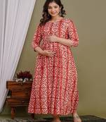 Floral printed red pure cotton flared maternity maxi dress