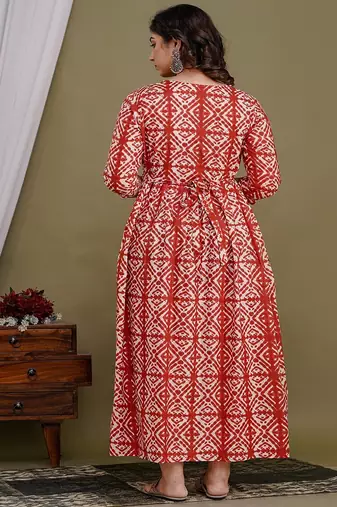 Floral printed red  cotton flared maternity maxi dress
