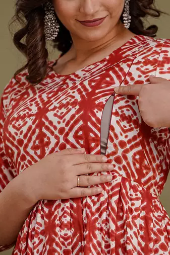 Floral printed red  cotton flared maternity maxi dress