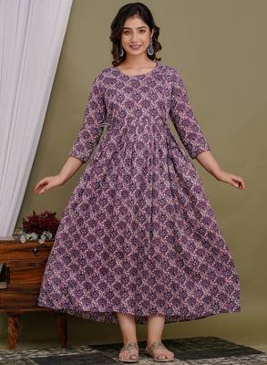Floral printed purple  cotton flared maternity maxi dress 1