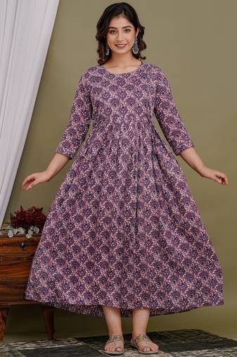 Floral printed purple pure cotton flared maternity maxi dress