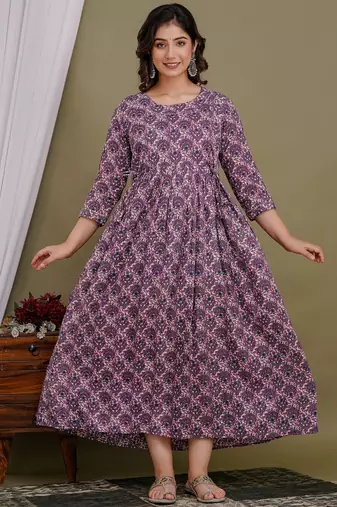 Floral printed purple pure cotton flared maternity maxi dress