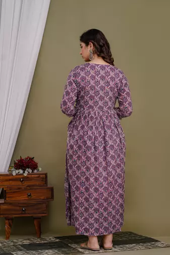 Floral printed purple  cotton flared maternity maxi dress