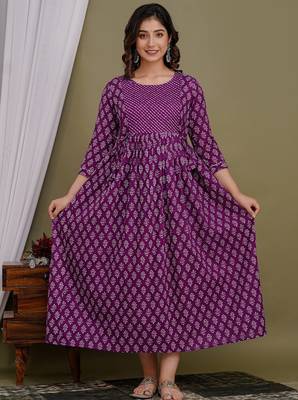 Floral printed purple cotton flared maternity maxi dress 1