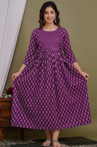 Floral printed purple pure cotton flared maternity maxi dress