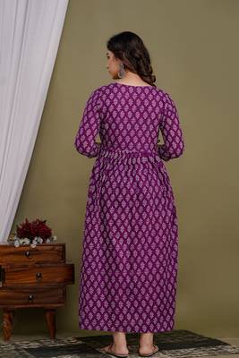 Floral printed purple cotton flared maternity maxi dress 2