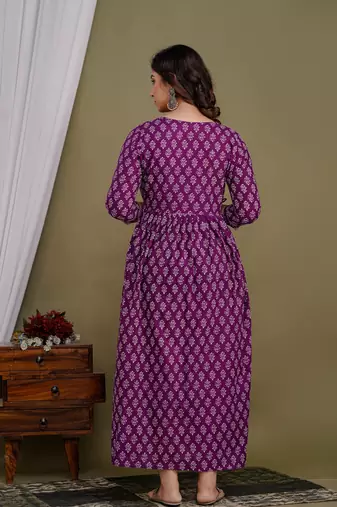 Floral printed purple  cotton flared maternity maxi dress