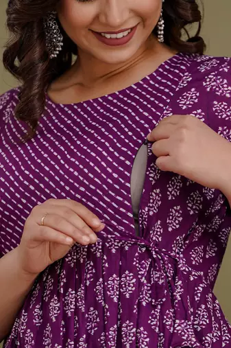 Floral printed purple  cotton flared maternity maxi dress
