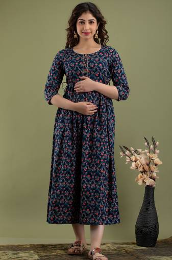 Floral printed black pure cotton flared maternity maxi dress