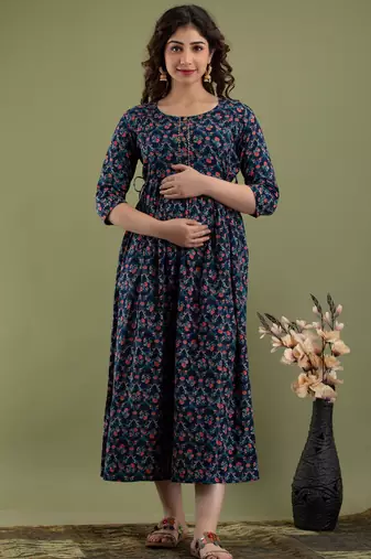 Floral printed black pure cotton flared maternity maxi dress
