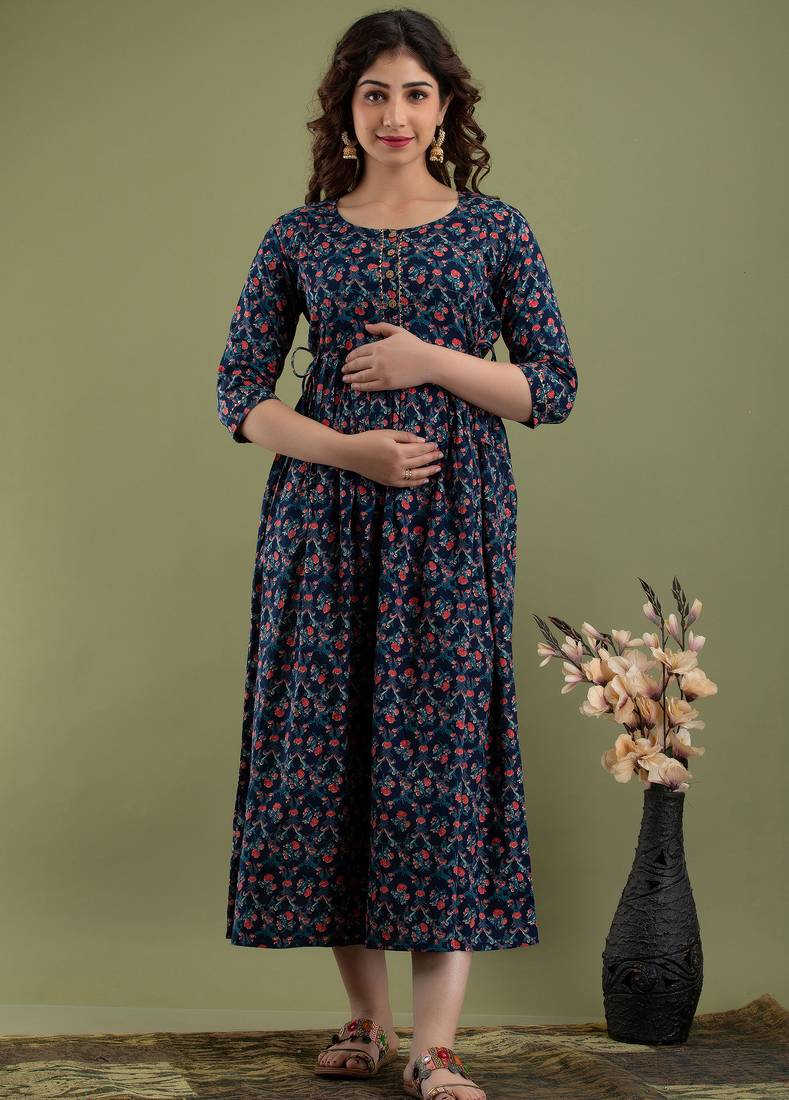 Floral printed black pure cotton flared maternity maxi dress