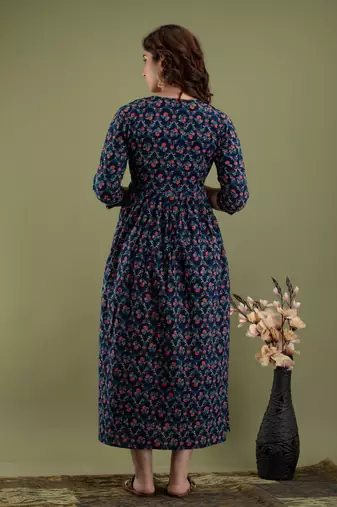 Floral printed black  cotton flared maternity maxi dress