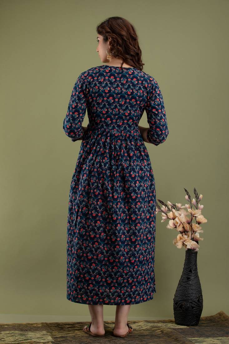 Floral printed black pure cotton flared maternity maxi dress