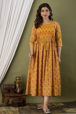 Floral printed yellow cotton flared maternity maxi dress 1