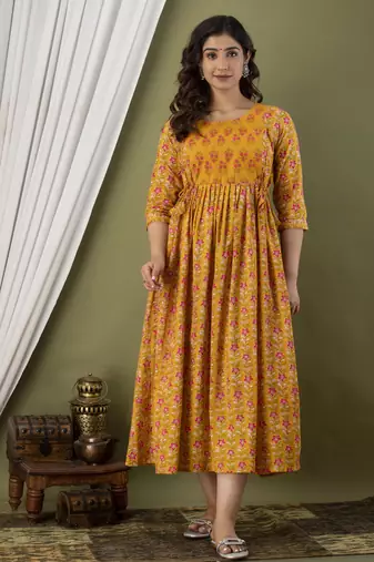 Floral printed yellow pure cotton flared maternity maxi dress
